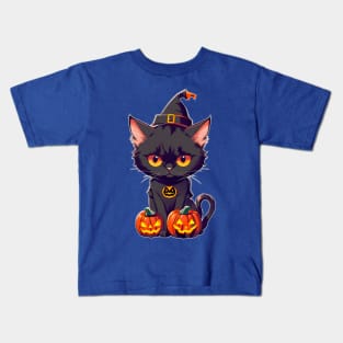 Witch cat Halloween Pumkins Kids T-Shirt